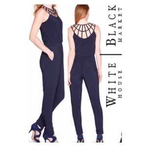 WHBM Lattice Neck Tapered Leg Navy Jumpsuit 8